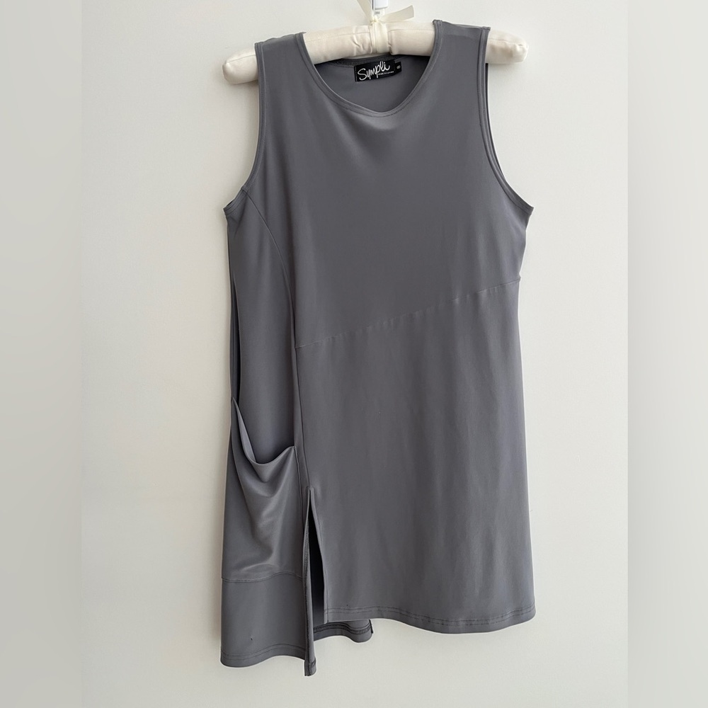 SYMPLI Grey Jersey Asymmetric Sleeveless Top Pocket Slits Travel Versatile Chic